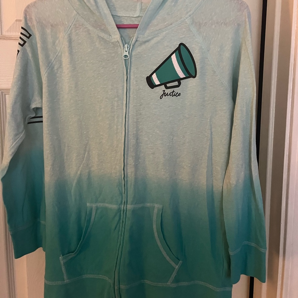 Justice Hooded ombré teal cheer jacket. Size 14/16